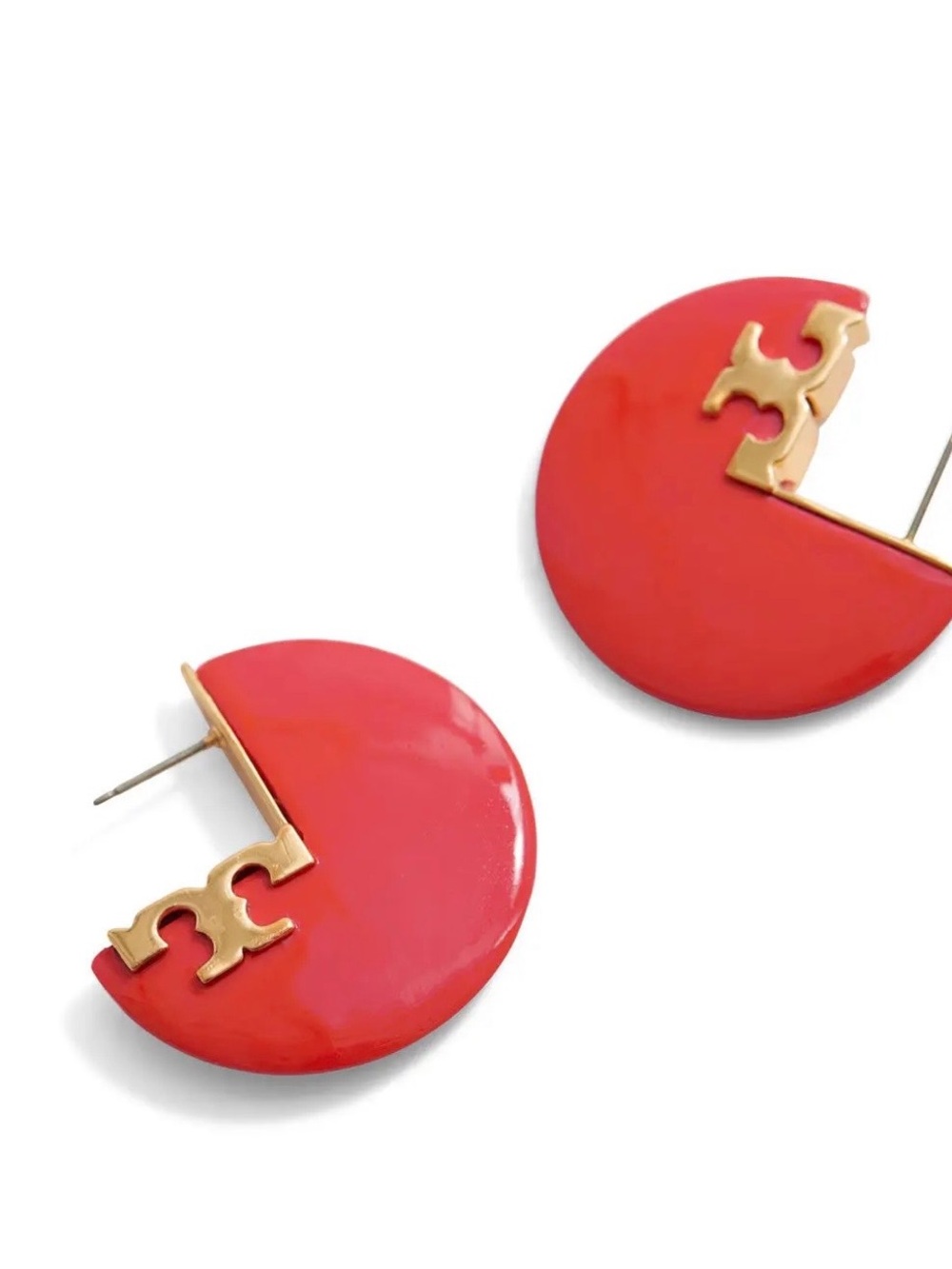 Authentic Tory Burch Bright Coral Gold Logo Disc Earrings (OS) - Picture 4 of 5